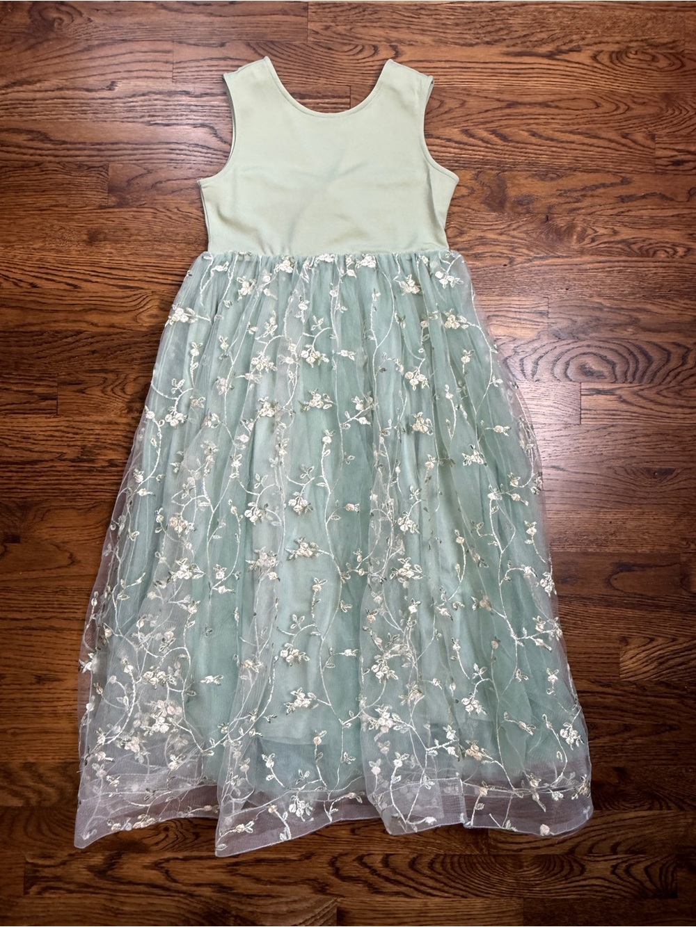 NWT Arshiner Girls Sage Green Floral Tulle Embroidered V-Back Bowknot Dress 10